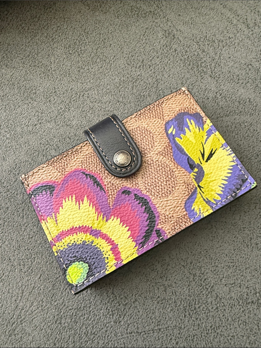 Coach Accordian Multicolor Floral Compact Wallet - Brown, Yellow, Purple, Pink